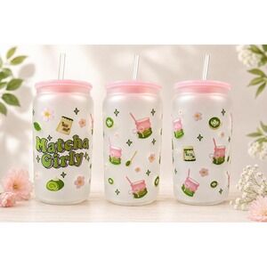 Matcha Girly Glass Tumbler w Lid & Straw | Cute Iced Coffee Cup 16oz